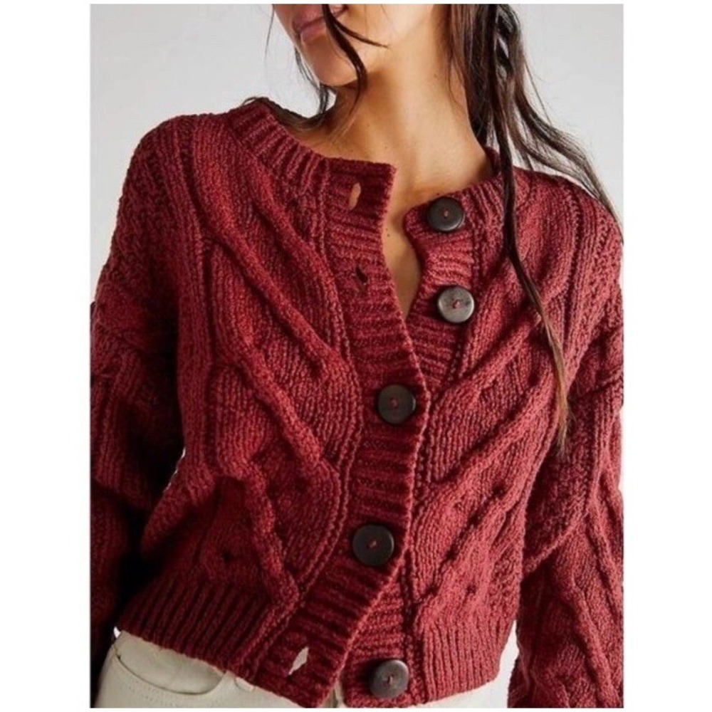 Free People Bonfire Cardigan Red 100% Cotton Crop Cardi Cable Knit Chunky Knit